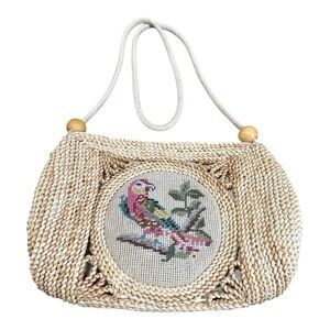 Vintage Woven Beige Handbag with Parrot needle point